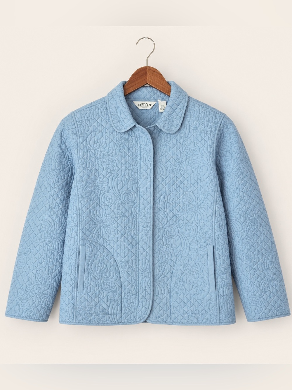 Vintage Orvis 100% Silk Quilted Jacket Light Blue Paisley Large